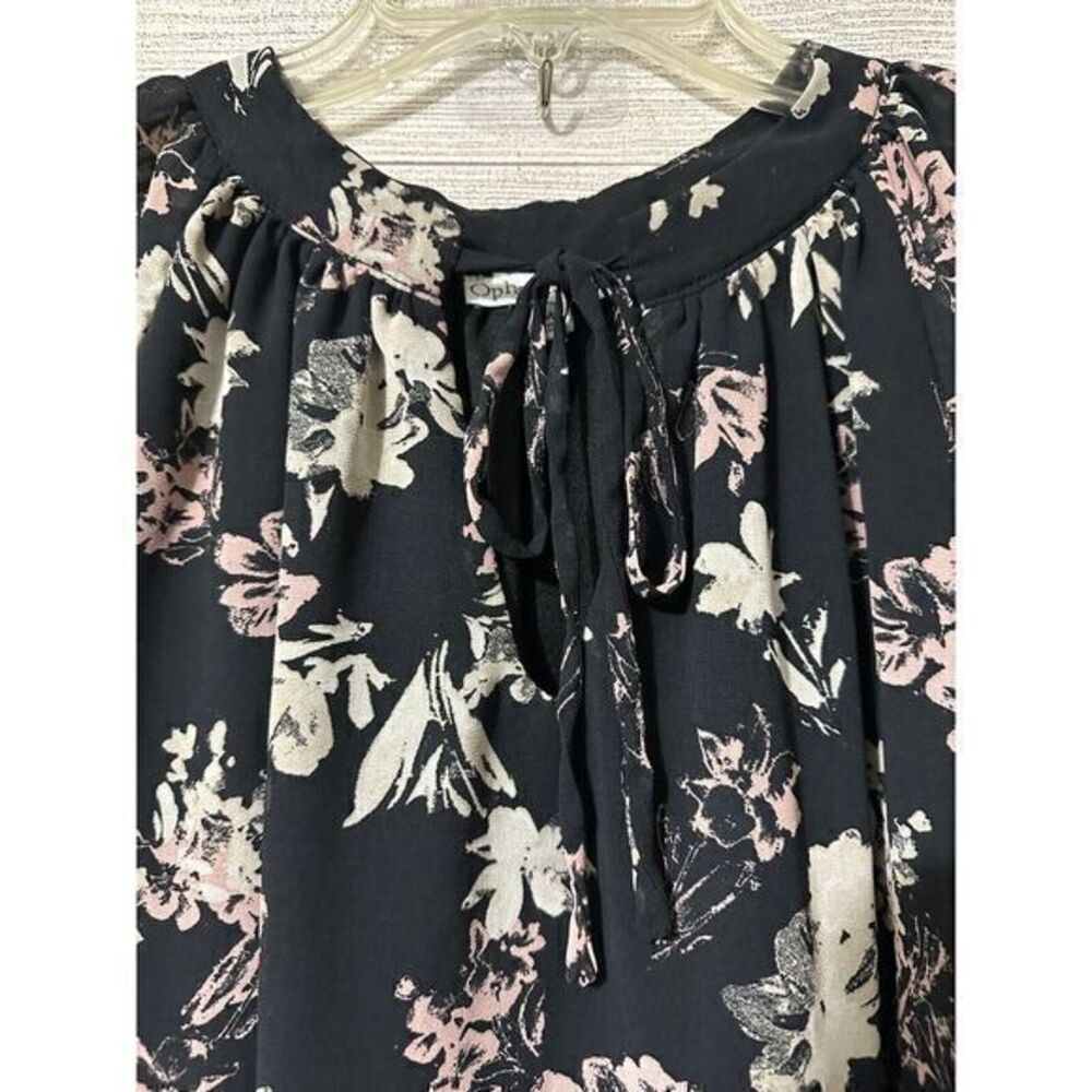 Ophelia Roe Woman's Black Floral Long‎ Sleeve Blouse Key Hole Tie Medium